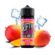 Parfum Drifter Bar Jus Mango Ice 24ml au format longfill, bouteille avec une étiquette aux tons tropicaux à côté de mangue et de glace qui représentent sa saveur.
