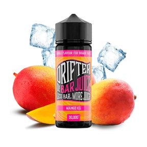 Scent Drifter Bar Juice Mango Ice 24ml in longfill format, bottle with a label in tropical tones next to mango and ice that represent its flavor.