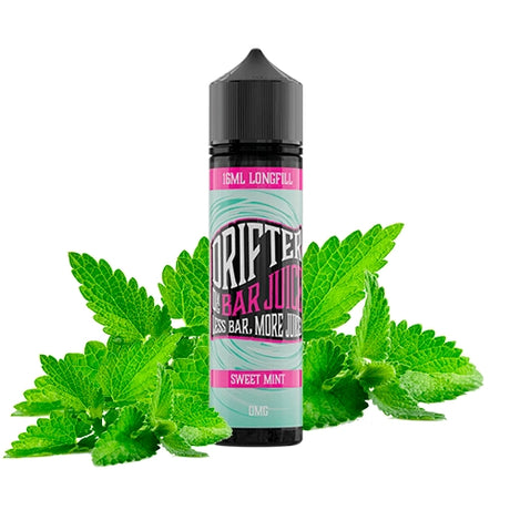 Parfum Drifter Bar Jus Sweet Mint 16 ml au format longfill, bouteille avec une étiquette dans les tons verts accompagnée de feuilles de menthe qui représentent sa saveur.