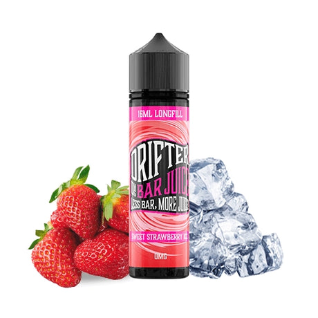 Parfum Drifter Bar Jus Sweet Strawberry Ice 16 ml en format longfill, bouteille avec une étiquette rouge à côté de fraises et de glace qui représentent sa saveur.