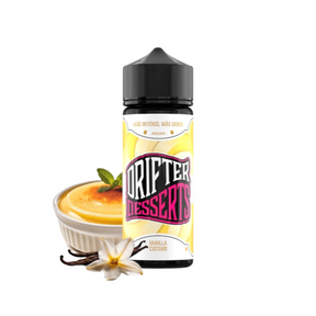 Aroma Drifter Desserts Vanilla Custard 24 ml en formato longfill, botella con etiqueta amarilla junto a un postre tipo natillas y vainas de vainilla que representan su sabor.