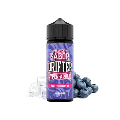 Aroma Drifter Hyper Blueberry Ice 10 ml en format longfill, bouteille avec une étiquette bleue à côté de myrtilles et de glace qui représentent sa saveur.