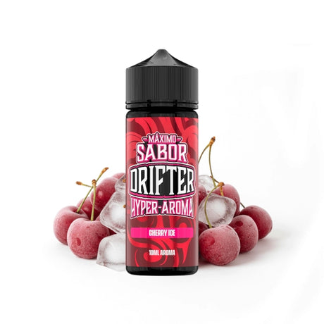 Aroma Drifter Hyper Cherry Ice 10 ml en format longfill, bouteille avec une étiquette rouge à côté de cerises et de glace qui représentent sa saveur.