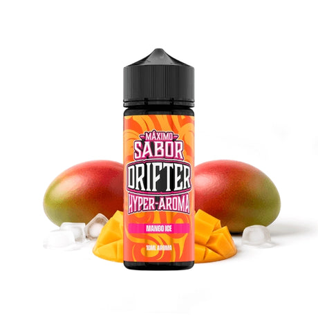 Aroma Drifter Hyper Mango Ice 10 ml en formato longfill, botella con etiqueta en tonos tropicales junto a mango y hielo que representan su sabor.