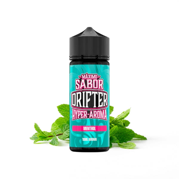 Aroma Drifter Hyper Menthol 10 ml in longfill format, bottle with a label in green tones next to mint leaves that represent its flavor.