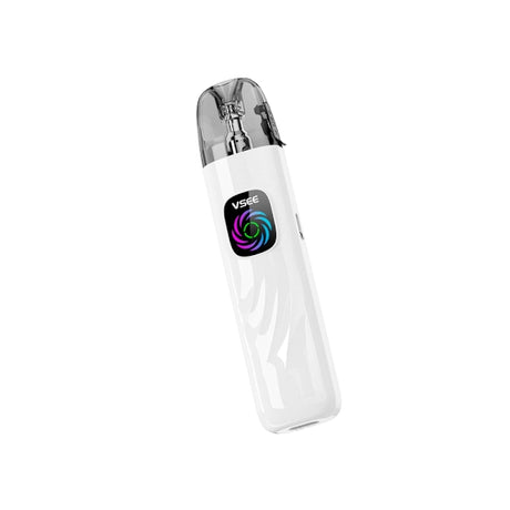 Vaper HellVape Vsee Pod Kit en color blanco, con diseño compacto y ergonómico, boquilla transparente en la parte superior y pantalla frontal con indicador LED multicolor.