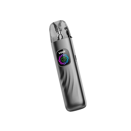 Vaper HellVape Vsee Pod Kit en color gris metálico, con diseño compacto y ergonómico, boquilla transparente en la parte superior y pantalla frontal con indicador LED multicolor.