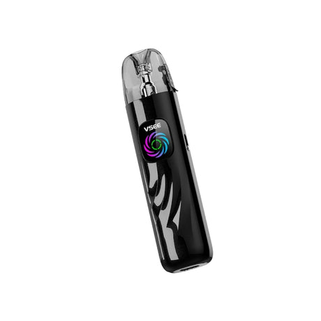 Vaper HellVape Vsee Pod Kit en color negro, con diseño compacto y ergonómico, boquilla transparente en la parte superior y pantalla frontal con indicador LED multicolor.