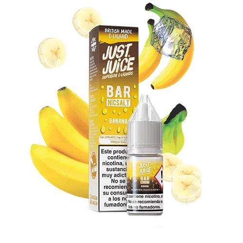Liquide pour vape Just Juice Bar Banana Ice avec sels de nicotine, bouteille à côté de sa boîte en tons jaunes, accompagnée de banane et de glaçons.