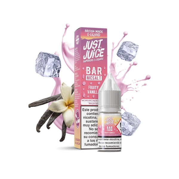Líquido para vapeo Just Juice Bar Fruity Vanilla con sales de nicotina, botella pequeña junto a su caja en tonos rosa, acompañado de vainilla, salpicaduras cremosas y cubitos de hielo.