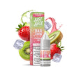 Líquido para vapeo Just Juice Bar Strawberry Kiwi con sales de nicotina, botella junto a su caja en tonos verdes y rosas, acompañado de fresas, kiwi y cubitos de hielo.