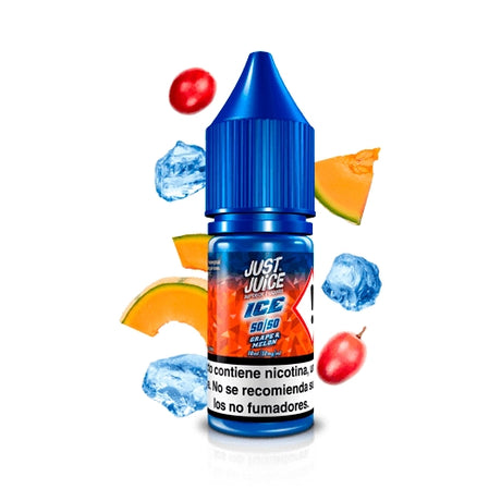 vaping liquid Just Juice Ice Grape Melon 10ml 50/50, with a blue bottle of nicotine salts, design in blue and red tones, accompanied by grapes, melon and ice cubes around.