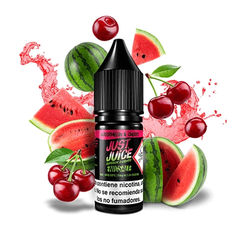 liquido da svapare Just Juice Frutto iconico Nic Salts Watermelon Cherry 10ml, flacone di sali di nicotina dal design sui toni del rosso, accompagnato da anguria e ciliegie.