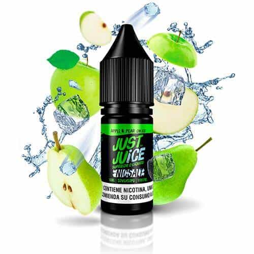 Líquido para vapeo Just Juice Nic Salts Apple & Pear On Ice 10ml, botella de sales de nicotina con diseño en tonos verdes, acompañado de manzana, pera y cubitos de hielo.