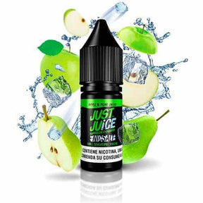 Líquido para vapeo Just Juice Nic Salts Apple & Pear On Ice 10ml, botella de sales de nicotina con diseño en tonos verdes, acompañado de manzana, pera y cubitos de hielo.