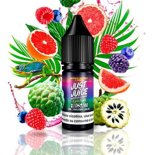 Líquido para vapeo Just Juice Nic Salts Exotic Fruits Cherimoya, Grapefruit & Berries 10ml, botella de sales de nicotina con diseño colorido, acompañado de chirimoya, pomelo y frutos rojos que representan su sabor.