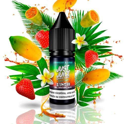 liquido da svapare Just Juice Nic Salts Exotic Fruits Strawberry & Curuba 10ml, flacone di sali di nicotina dal design sui toni del rosa, accompagnato da fragole e curuba che ne rappresentano il sapore.
