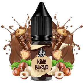 liquido da svapare La Yaya Salts King Bueno 10ml con sali di nicotina, bottiglia dal design nei toni del marrone, accompagnato da cioccolato, nocciole e wafer che ne rappresentano il sapore.