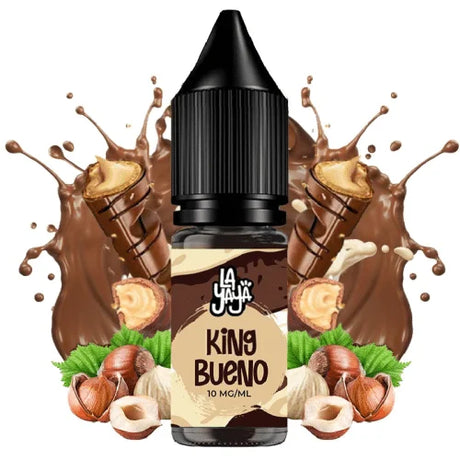 liquido da svapare La Yaya Salts King Bueno 10ml con sali di nicotina, bottiglia dal design nei toni del marrone, accompagnato da cioccolato, nocciole e wafer che ne rappresentano il sapore.