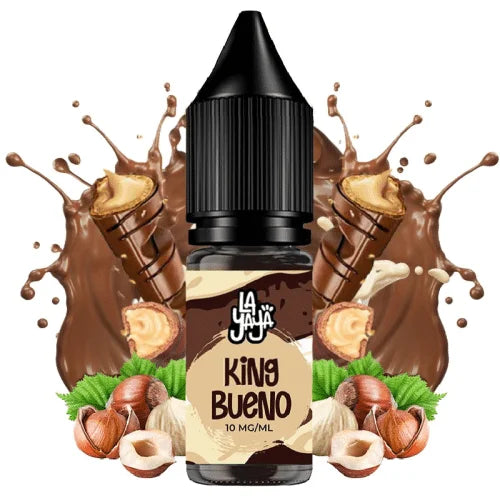 liquido da svapare La Yaya Salts King Bueno 10ml con sali di nicotina, bottiglia dal design nei toni del marrone, accompagnato da cioccolato, nocciole e wafer che ne rappresentano il sapore.