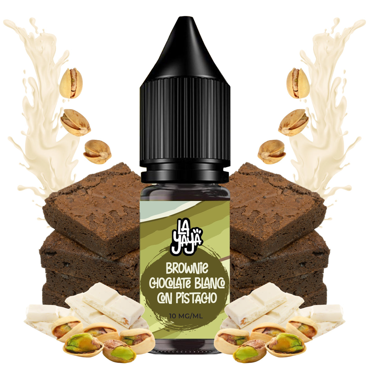 liquido da svapare La Yaya Salts Brownie al cioccolato bianco con pistacchio 10ml con sali di nicotina, bottiglia dal design nei toni crema e verdi, accompagnato da brownie, cioccolato bianco e pistacchi che ne rappresentano il sapore.