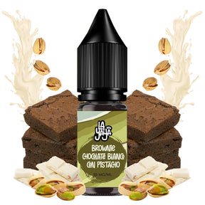 liquido da svapare La Yaya Salts Brownie al cioccolato bianco con pistacchio 10ml con sali di nicotina, bottiglia dal design nei toni crema e verdi, accompagnato da brownie, cioccolato bianco e pistacchi che ne rappresentano il sapore.