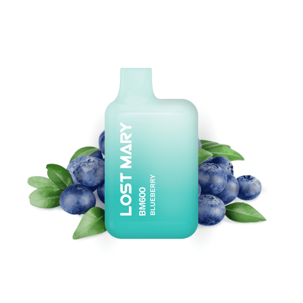 Sigaretta Elettronica Usa e Getta Lost Mary BM600 Blueberry 20 mg/ml, dispositivo compatto con un massimo di 600 erogazioni ed e-liquid al gusto dolce di mirtillo, design sfumato blu e verde con bocchino integrato e presentazione visiva con mirtilli che rappresentano il sapore del prodotto.