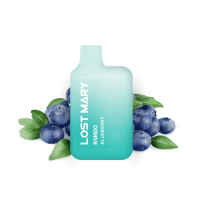 Sigaretta Elettronica Usa e Getta Lost Mary BM600 Blueberry 20 mg/ml, dispositivo compatto con un massimo di 600 erogazioni ed e-liquid al gusto dolce di mirtillo, design sfumato blu e verde con bocchino integrato e presentazione visiva con mirtilli che rappresentano il sapore del prodotto.