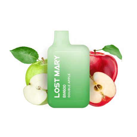 Disposable Vape Lost Mary BM600 Double Apple 20 mg/ml, compact device with up to 600 puffs and double apple flavor e-liquid (mixture of green and red apple), green design with integrated mouthpiece and visual presentation with apples that represent the flavor of the product.