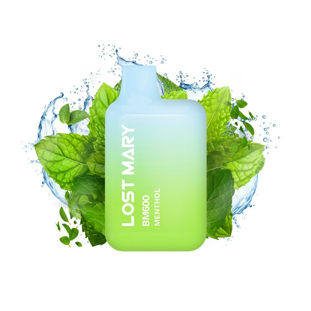 vapoteur jetable Lost Mary BM600 Menthol 20 mg/ml, appareil compact avec jusqu'à 600 bouffées et e-liquide rafraîchissant au goût mentholé, design dégradé vert et bleu avec embout intégré et présentation visuelle avec des feuilles de menthe et un effet fraîcheur qui représentent la saveur du produit.