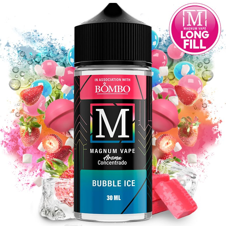 Aroma da svapare Magnum Vape Bubble Ice formato longfill da 30 ml, bottiglia dal design colorato accompagnato da gomme da masticare, caramelle, fragole e cubetti di ghiaccio che rappresentano il suo sapore dolce e rinfrescante.