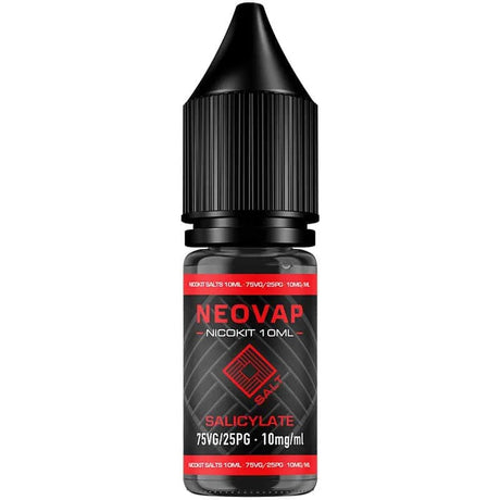 Botella de e-líquido Nicokit Salt Salicylate Neovap de 10 ml, con diseño en negro y detalles en rojo, tapa de seguridad tipo cuentagotas y etiqueta frontal que indica proporción 75VG/25PG y 15 mg/ml de nicotina.