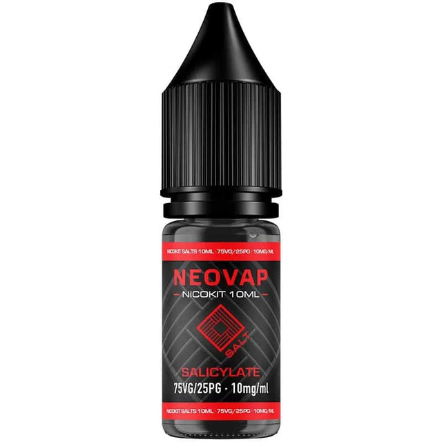 10 ml Nicokit Salt Salicylate Neovap e-liquid bottle, with black design and red details, dropper-type safety cap and front label indicating 75VG/25PG ratio and 15 mg/ml of nicotine.