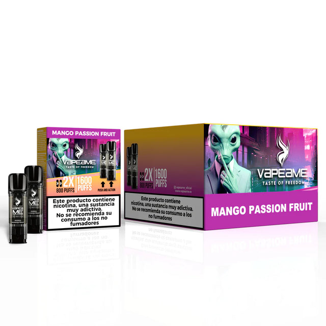 Pack of 10 boxes of capsules Vapeame Mango Passion Fruit, mango and passion fruit flavor vape pods with 2x800 puffs system (up to 1600 puffs), presented in its original box.
