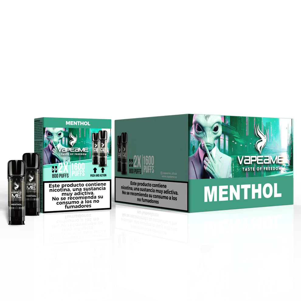 Pack de 10 boîtes de gélules Vapeame Menthol, dosettes de vape rafraîchissantes au goût mentholé avec système de 2x800 bouffées (jusqu'à 1600 bouffées), présenté dans sa boîte verte d'origine.