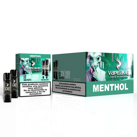 Pack de 10 cajas de cápsulas Vapeame Menthol, pods para vape sabor mentol refrescante con sistema 2x800 puffs (hasta 1600 caladas), presentadas en su caja verde original.