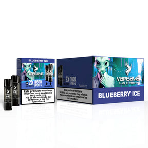 Pack de 10 boîtes de gélules Vapeame Pods de vape à saveur de myrtille et de myrtille sucrée avec système de 2x800 bouffées (jusqu'à 1600 bouffées), présenté dans sa boîte d'origine.