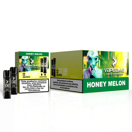 Pack de 10 cajas de cápsulas Vapeame Honey Melon, pods para vape sabor melón dulce con sistema 2x800 puffs (hasta 1600 caladas), presentadas en su caja original.