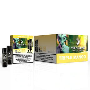 Pack de 10 boîtes de gélules Vapeame Triple Mango, dosettes à vape saveur mangue avec mélange tropical intense, système 2x800 bouffées (jusqu'à 1600 bouffées), présenté dans sa boîte d'origine.