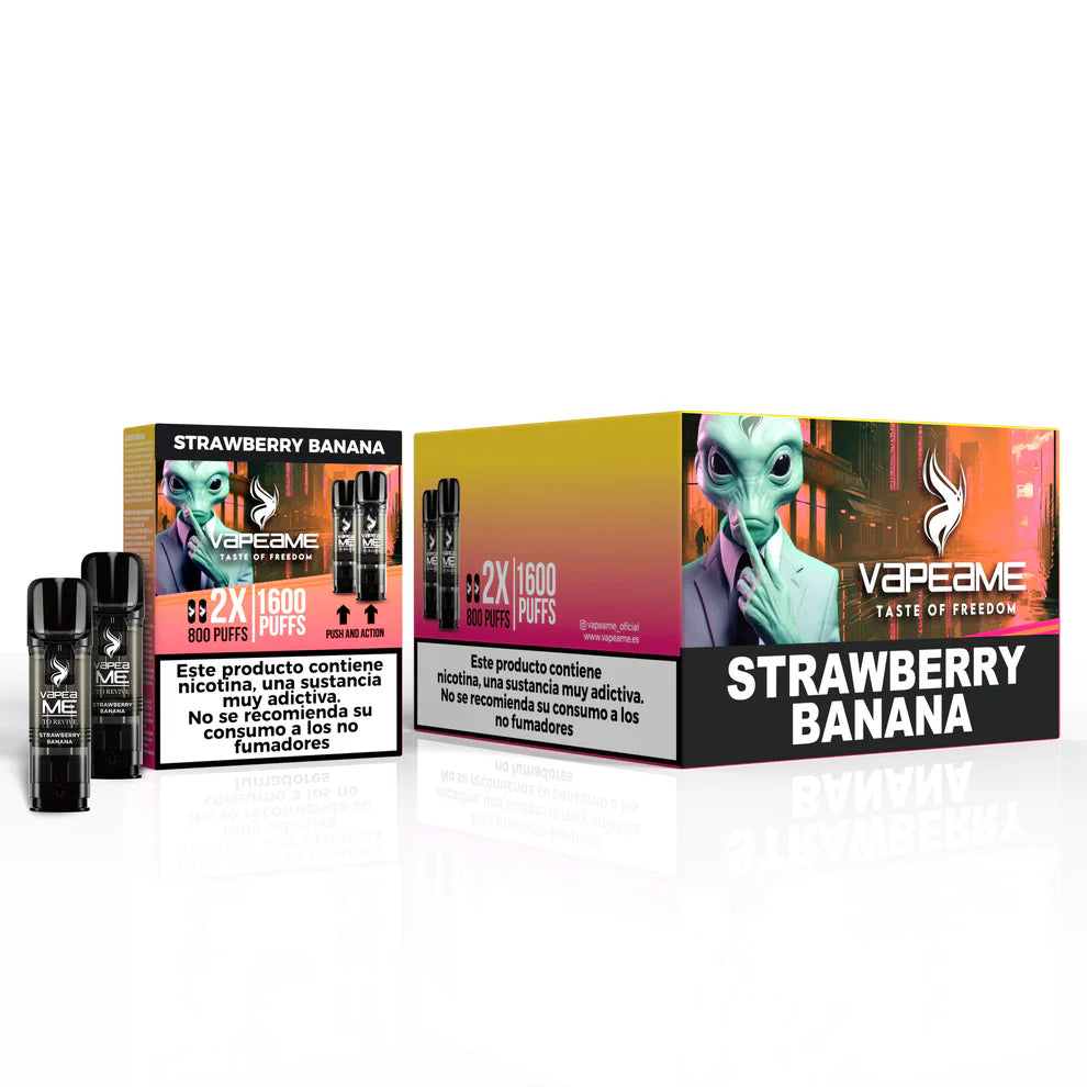 Confezione da 10 scatole Vapeame Vapers usa e getta al gusto Fragola Banana, fragola e banana con sistema 2x800 puff (1600 tiri in totale), dispositivi compatti con design nero e presentazione nella scatola originale.