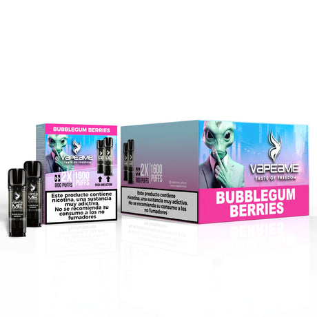 Pack de 10 boîtes de gélules Vapeame Bubblegum Berries, vape pods saveur bubblegum avec un mélange de fruits rouges sucrés, système 2x800 bouffées (jusqu'à 1600 bouffées), présenté dans sa boîte d'origine.