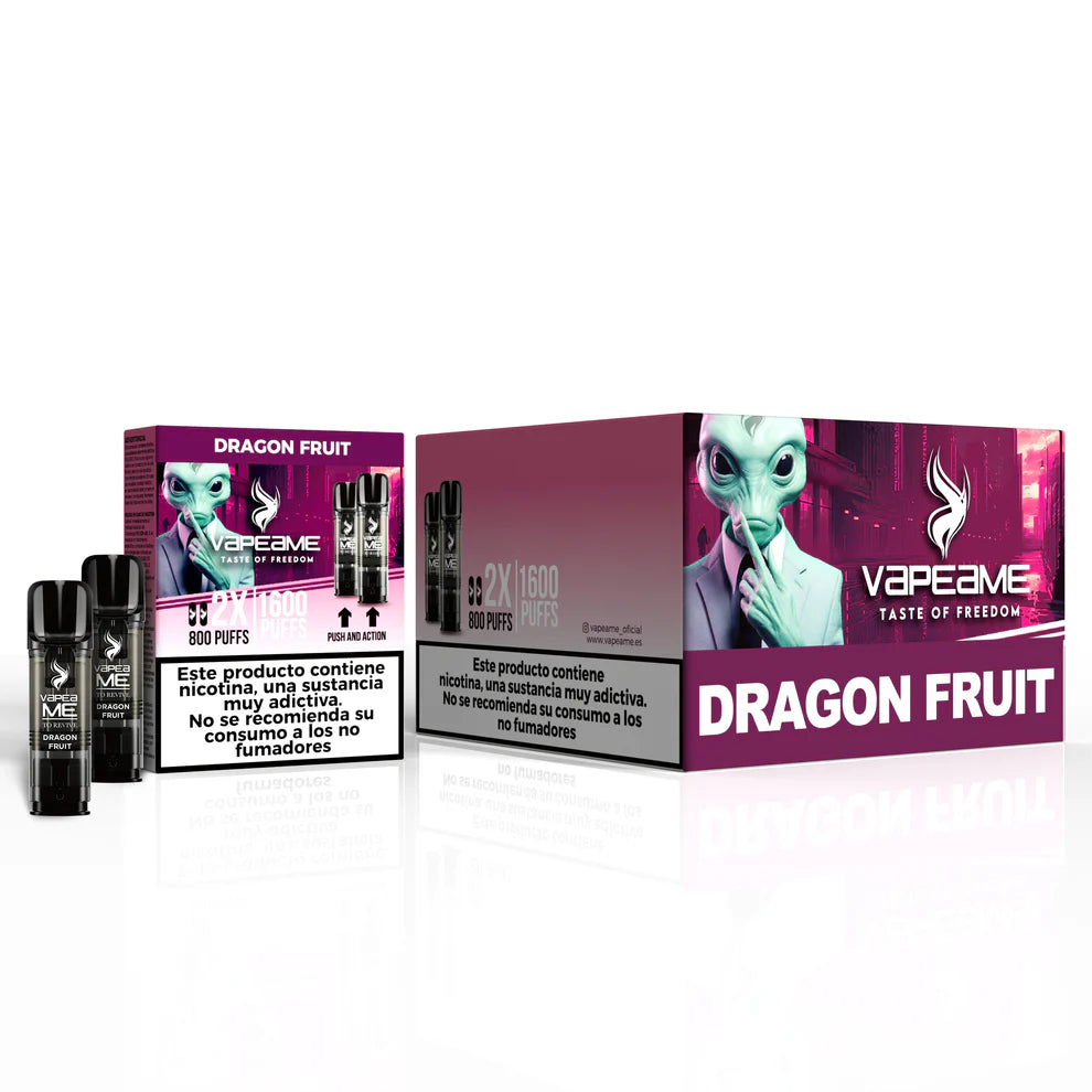 Pack de 10 boîtes de gélules Vapeame Dragon Fruit, vape pods saveur fruit du dragon au profil tropical et sucré, système 2x800 bouffées (jusqu'à 1600 bouffées), présenté dans sa boîte d'origine.