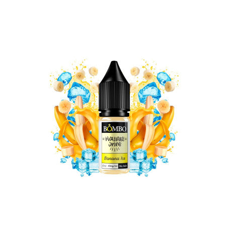 Flacone da 10 ml di sali alla nicotina Wailani di Bombo Banana Ice con etichetta gialla, insieme alla sua scatola, accompagnati da banana e ghiaccio che evocano un sapore dolce, cremoso e rinfrescante.