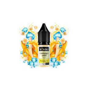 Flacone da 10 ml di sali alla nicotina Wailani di Bombo Banana Ice con etichetta gialla, insieme alla sua scatola, accompagnati da banana e ghiaccio che evocano un sapore dolce, cremoso e rinfrescante.