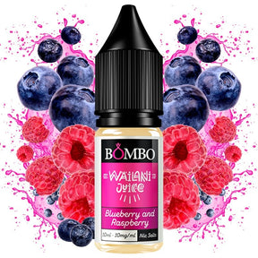 10 ml bottle of Wailani by Bombo Blueberry and Raspberry nicotine salts with a pink label, accompanied by blueberries and raspberries that evoke a sweet and slightly acidic flavor.