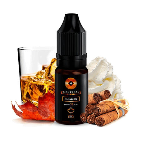 Montreal Canadian nicotine salts liquid 10ml, dark bottle with elegant design, accompanied by tobacco leaves, cigars, cream and a glass of whiskey-type drink that represent its flavor.
