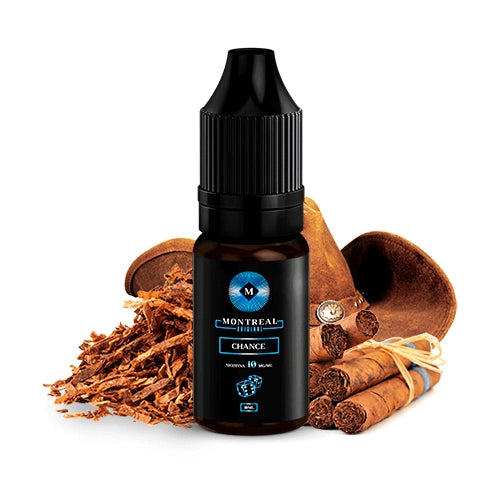 Montreal Chance sale liquido alla nicotina da 10 ml, flacone dal design dai toni scuri, accompagnato da foglie di tabacco che rappresentano il suo sapore morbido ed equilibrato.
