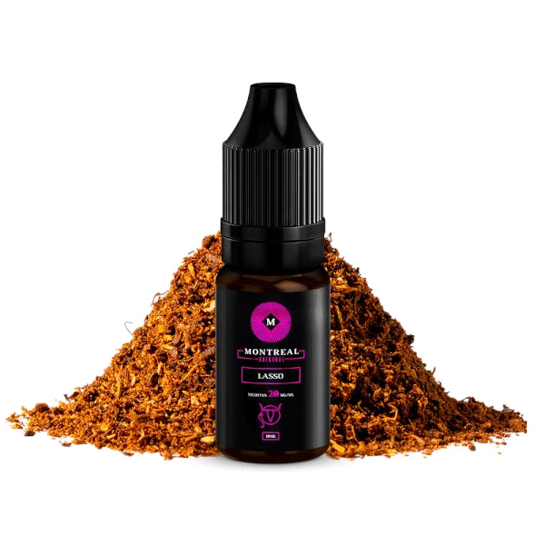Líquido de sales de nicotina Montreal Lasso 10ml, botella con diseño en tonos marrones, acompañado de notas de tabaco que representan su sabor.