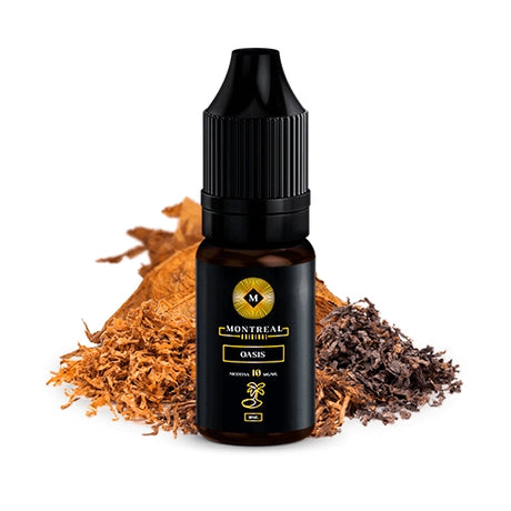 Montreal Oasis 10ml nicotine salt liquid, bottle with a design in dark tones, accompanied by tobacco leaves that represent its mild flavor with exotic nuances.