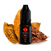 Montreal Rodeo nicotine salts liquid 10ml, dark bottle with elegant design, accompanied by dried tobacco leaves and tobacco bites that represent its intense flavor.